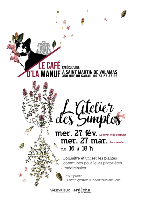 affiche le café d'la manuf Saint Martin de Valamas atelier des simples 27 février 27 mars